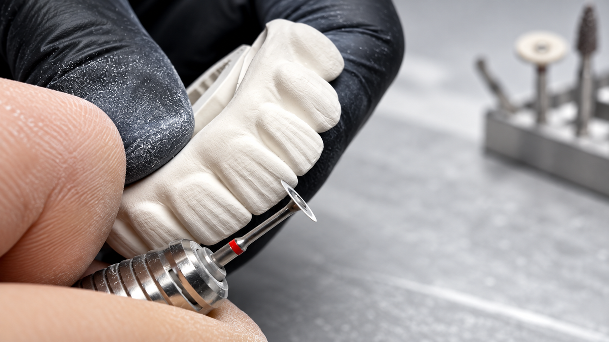 Close-up of a dental technician finishing a white multi-unit restoration with a rotary disc.