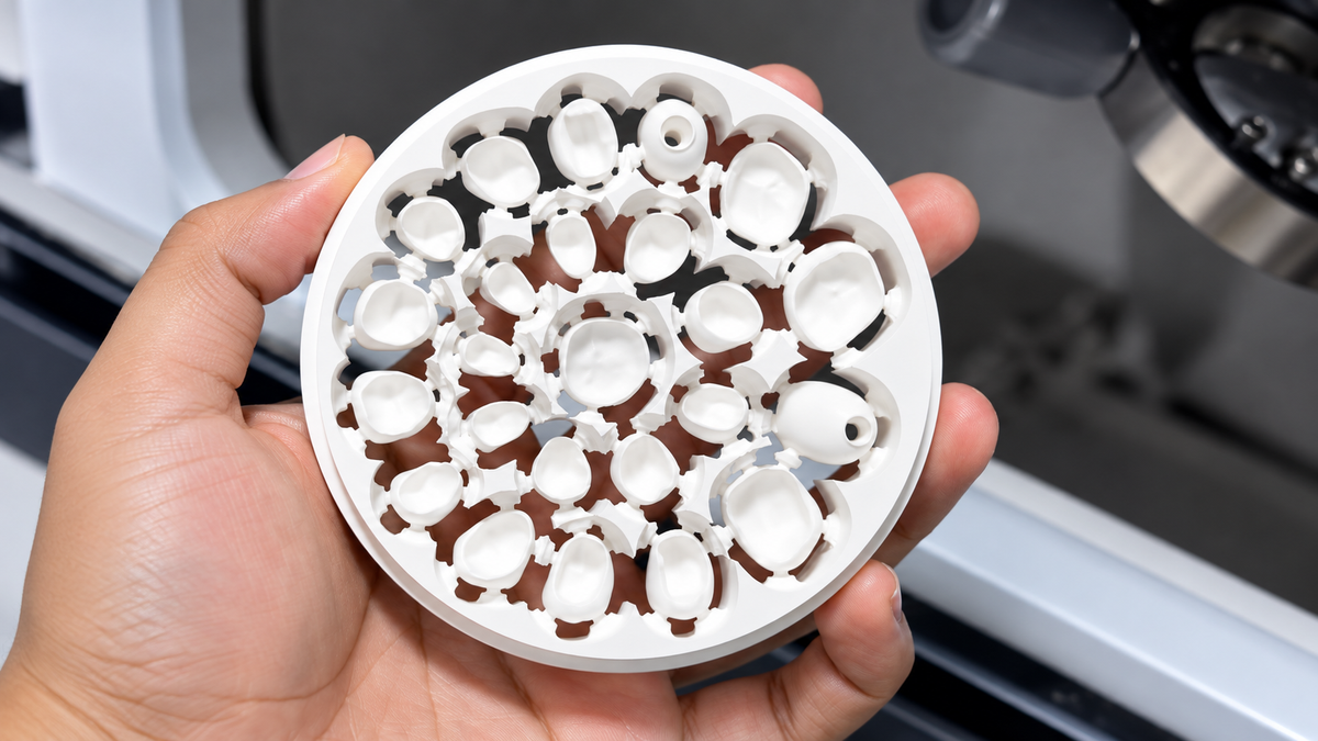 Hand holding a zirconia disc with milled dental restorations still attached beside a milling machine.