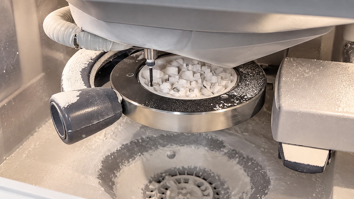Milling tool positioned over dental restorations within a zirconia disc, with white milling dust surrounding the holder.