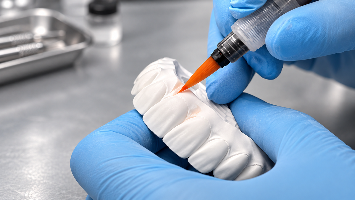 Blue-gloved hands holding a white dental restoration while applying pale coloring liquid with an orange brush.