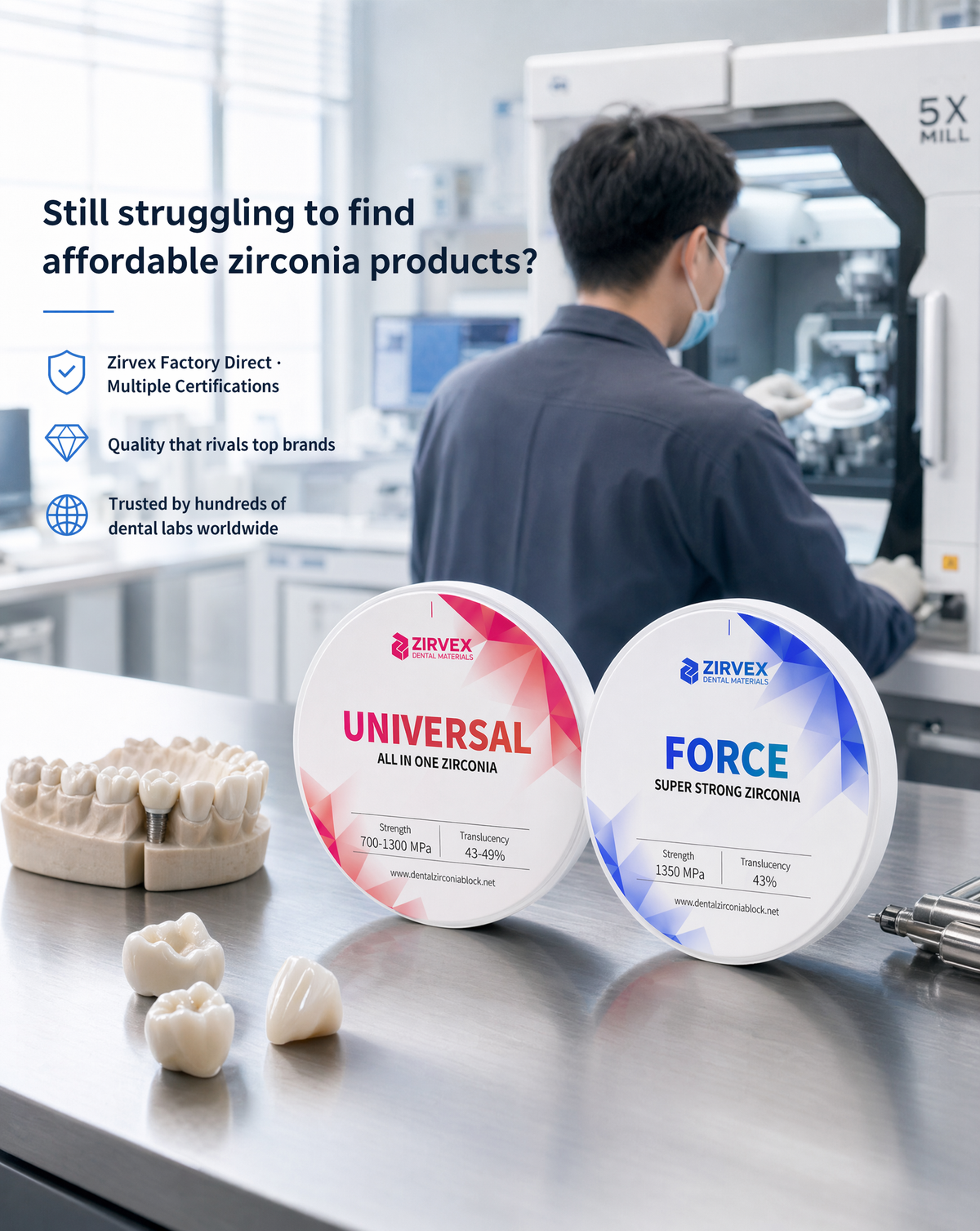 ZIRVEX FORCE 98mm Dental Zirconia Disc | 1300MPa CAD/CAM – Zirvex ZIRVEX FORCE 98mm Dental Zirconia Disc | 1300MPa CAD/CAM – Zirvex